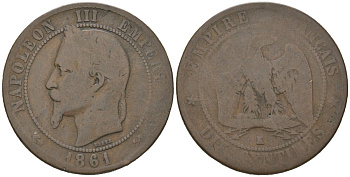 Франция 10 сантимов 1861 K, Наполеон III (1852-1870) KM 798.3, Le Franc 134.4 бронза 4590-1011