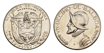 Панама 1/10 бальбоа (10 сентесимо) 1967 тираж 12.701 экземпляров KM 10 медь плакированная медно-никелем PROOF 1522-113