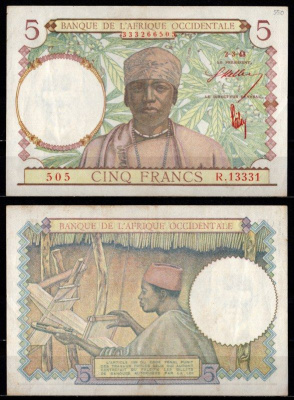 Французская Западная Африка 5 франков 1943 мужчина в традиционном наряде и станок для шелка Pick 26 бумага 00-00