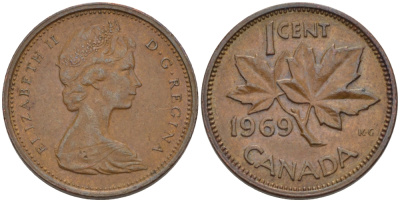 Канада 1 цент 1969 Елизавета II (1952-2022), кленовый лист KM 59.1 бронза 261-1619