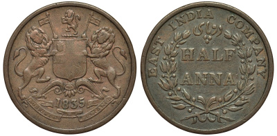 Британская Индия 1/2 анна 1835 Британская Ост-Индская компания KM 447.1 медь 4557-916