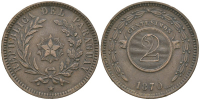 Парагвай 2 сентесимо 1870 SHAW KM 3 медь 221-932