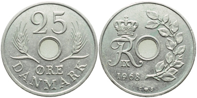Дания 25 эре 1968 С;S, Фредерик IX (1947-1972) KM 855.1 медно-никель 4395-324