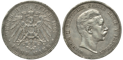 Пруссия 5 марок 1903 Вильгельм II (1888-1918) KM 523, J.104 серебро    413-1535