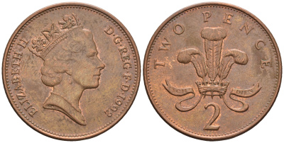 Великобритания 2 пенса 1992 Елизавета II (1952-2022) KM 936а, Spink 4386 сталь плакированная медью 85-1121