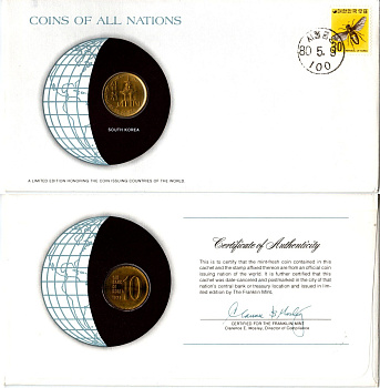 Южная Корея 10 вон 1979 конверт с маркой первого дня гашения, Coins of Nations KM 6a латунь UNC 4295-17-1