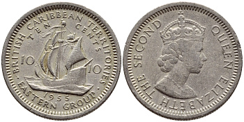 Британские Восточно-Карибские территории 10 центов 1955 Елизавета II (1952-2022), парусник KM 5 медно-никель 4387-154