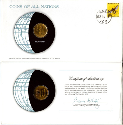 Южная Корея 10 вон 1979 конверт с маркой первого дня гашения, Coins of Nations KM 6a латунь UNC 4295-17-1
