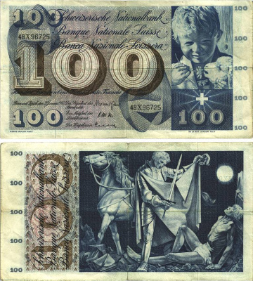 Швейцария 100 франков 1965 23 декабря 1965, серия 48 X, подпись 41 Pick 49 h бумага 8606-21-2-2