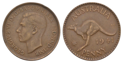 Австралия 1 пенни 1941 KG, Георг VI (1936-1952), кенгуру KM 36 бронза 4153-1127