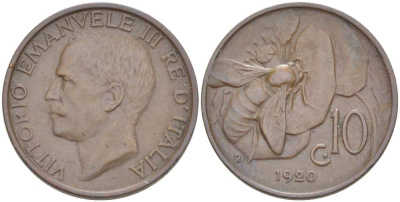 ИТАЛИЯ 10 ЧЕНТЕЗИМО 1920 R, МОНДВОР РИМ, ВИКТОР ЭММАНУИЛ III (1900-1946) KM 60 медь 4525-222
