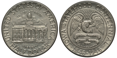 США 1/2 доллара (50 центов) 1946 100 лет штату Айова, здание первого Капитолия в Айове KM 197 серебро 00-805-20