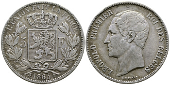 Бельгия 5 франков 1865 Леопольд I (1831-1865) KM 17 серебро 00-1067-6-21