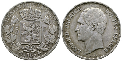 Бельгия 5 франков 1865 Леопольд I (1831-1865) KM 17 серебро 00-1067-6-21