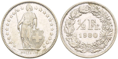 ШВЕЙЦАРИЯ 1/2 ФРАНКА 1980 KM 23а.1 медно-никель 4532-1053