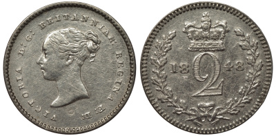 Великобритания 2 пенса 1848 Виктория (1837-1901), для обращения в Британской Гвиане и некоторых частях Британской Вест-Индии KM 729, Spink 3914E серебро  1524-442