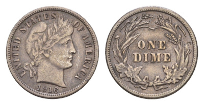США 1 дайм = 10 центов 1916 Барбер KM 113 серебро 1520-1124