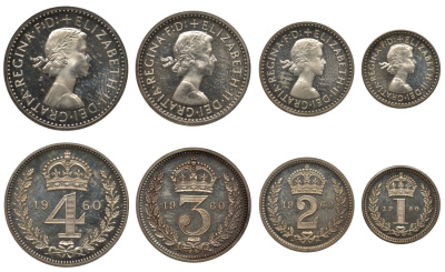 Великобритания набор из 4 монет 1960 1, 2, 3 и 4 пенса, Елизавета II (1952- ), Манди сет Spink 4131 серебро UNC 00-821-21