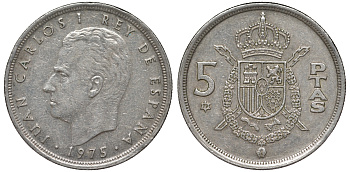 Испания 5 песет 1975 (79) Хуан Карлос I (1975-2014) KM 807 медно-никель 4543-223