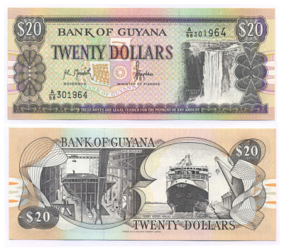 ГАЙАНА 20 ДОЛЛАРОВ 1996 ПОДПИСЬ 10, ВОДОПАД КАЙЕТУР, ПОРТ, КОРАБЛЬ Pick 30а бумага UNC (ПРЕСС) 8588-88-1-1