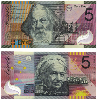 АВСТРАЛИЯ 5 ДОЛЛАРОВ 2001 СЕРИЯ CG, ГЕНРИ ПАРКС (1815-1896), КАТЕРИНГА СПЕНСЕР (1825-1910) Pick 56 пластик 00-00