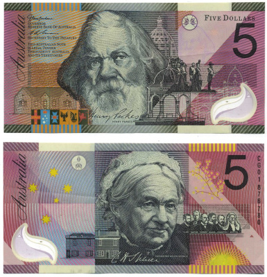 АВСТРАЛИЯ 5 ДОЛЛАРОВ 2001 СЕРИЯ CG, ГЕНРИ ПАРКС (1815-1896), КАТЕРИНГА СПЕНСЕР (1825-1910) Pick 56 пластик 00-00