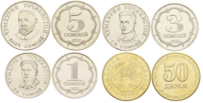 Таджикистан лот из 4 монет 2022 (50 дирам, 1, 3, 5 сомони) KM NEW   UNC  M77-08