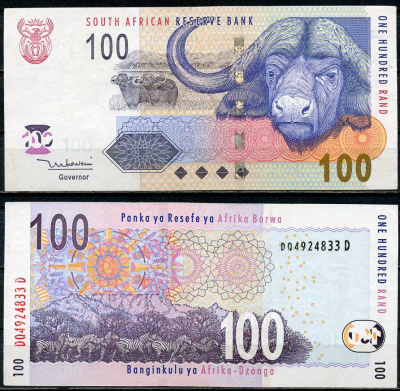 ЮАР 100 рандов ND (2005) буйвол, зебры, подпись Mboweni Pick 131 a  бумага  aUNC 8616-47-1-2