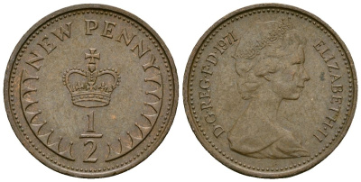 Великобритания 1/2 пенни 1971 Елизавета II (1952-2022) KM 914, Spink 4239 бронза 4136-1137