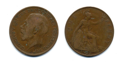 Великобритания 1 пенни 1921 Георг V (1910-1936) KM 810, Spink 4051 бронза 47-615