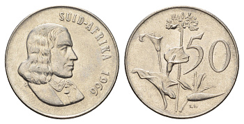 ЮАР 50 центов 1966 Ян ван Рибек (1619-1677), Suid Africa, легенда на африкаанс, Зантедеския Эллиота (калла) KM 70.2 никель 4604-1026