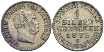 ПРУССИЯ 1 ГРОШ 1872 С, ВИЛЬГЕЛЬМ I (1861-1888) KM 485 серебро 201-652