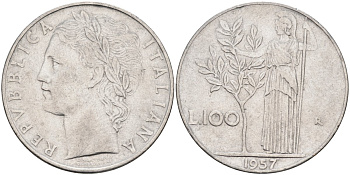 Италия 100 лир 1957 R, Афина в доспехах KM 96.1 нержавеющая сталь 4683-442