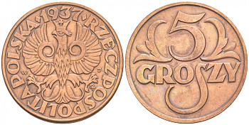 Польша 5 грошей 1937 w KM 10а, Parchimowicz 103i бронза 100-959