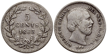 НИДЕРЛАНДЫ 5 ЦЕНТОВ 1863 ВИЛЛЕМ III KM 91 серебро 46-621