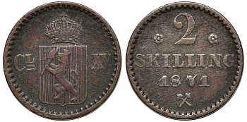 Норвегия 2 скиллинга 1871 с розами KM 336.1 медь 26-739
