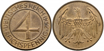 Германия 4 рейхспфеннига 1932 D J. 315, KM 75 бронза PROOF 00-817-61
