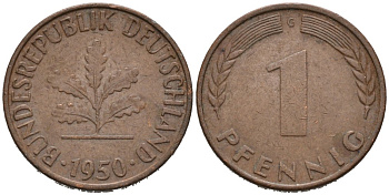ФРГ 1 ПФЕННИГ 1950 G КМ 105, J. 380 сталь плакированная медью 4567-539