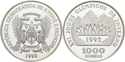 Сан-Томе и Принсипи 1000 добра 1990 XVI Зимние Олимпийские игры 1992 года в Альбервиле, тираж 10000 экз. KM 73 серебро PROOF 1098-1-21