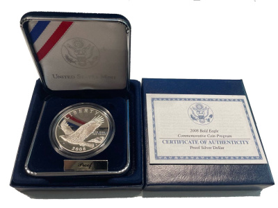 США 1 доллар 2008 P, Белоголовый орлан, оригинальная коробка, сертификат KM 439 серебро  PROOF  3-6-5-23