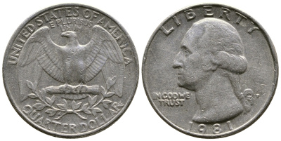 США 25 центов (квотер) 1981 P, Джордж Вашингтон KM 164a медь плакированная медно-никелем 56-1211