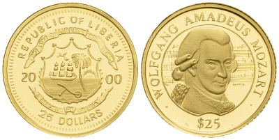 Либерия 25 долларов 2000 Вольфганг Амадей Моцарт золото PROOF 00-819-28