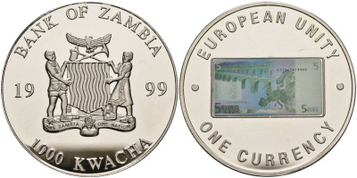 Замбия 1000 квача 1999 серия европейский союз - одна валюта, 5 евро реверс, серебрение KM 121 медь никель цинк 1098-3-32