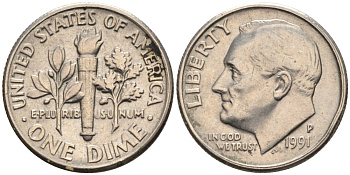 США 10 центов = дайм 1991 P, Рузвельт КМ 195а медь плакированная медно-никелем 4567-619