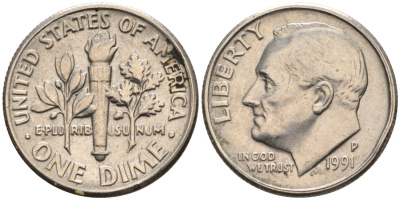 США 10 центов = дайм 1991 P, Рузвельт КМ 195а медь плакированная медно-никелем 4567-619