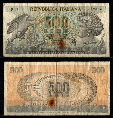 Италия 500 лир 1967 Pick 93 a бумага 7221-37-1-1