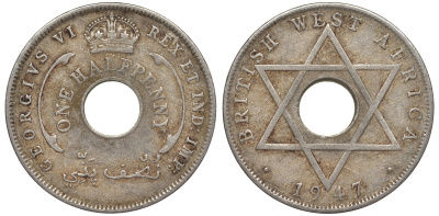 Британская Западная Африка 1/2 пенни 1947 H, Георг VI KM 18 медно-никель 25-1446