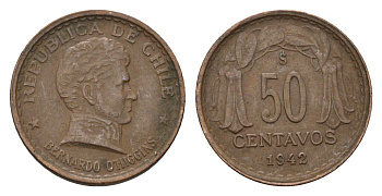 Чили 50 сентаво 1942 год-тип KM 178 медь 4685-845