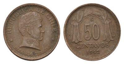Чили 50 сентаво 1942 год-тип KM 178 медь 4685-845