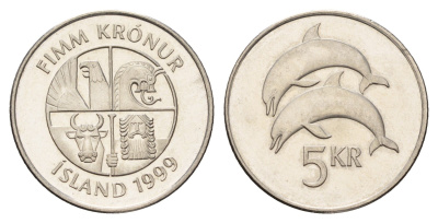 Исландия 5 крон 1999 дельфины KM 28a сталь плакированная никелем UNC 4691-417